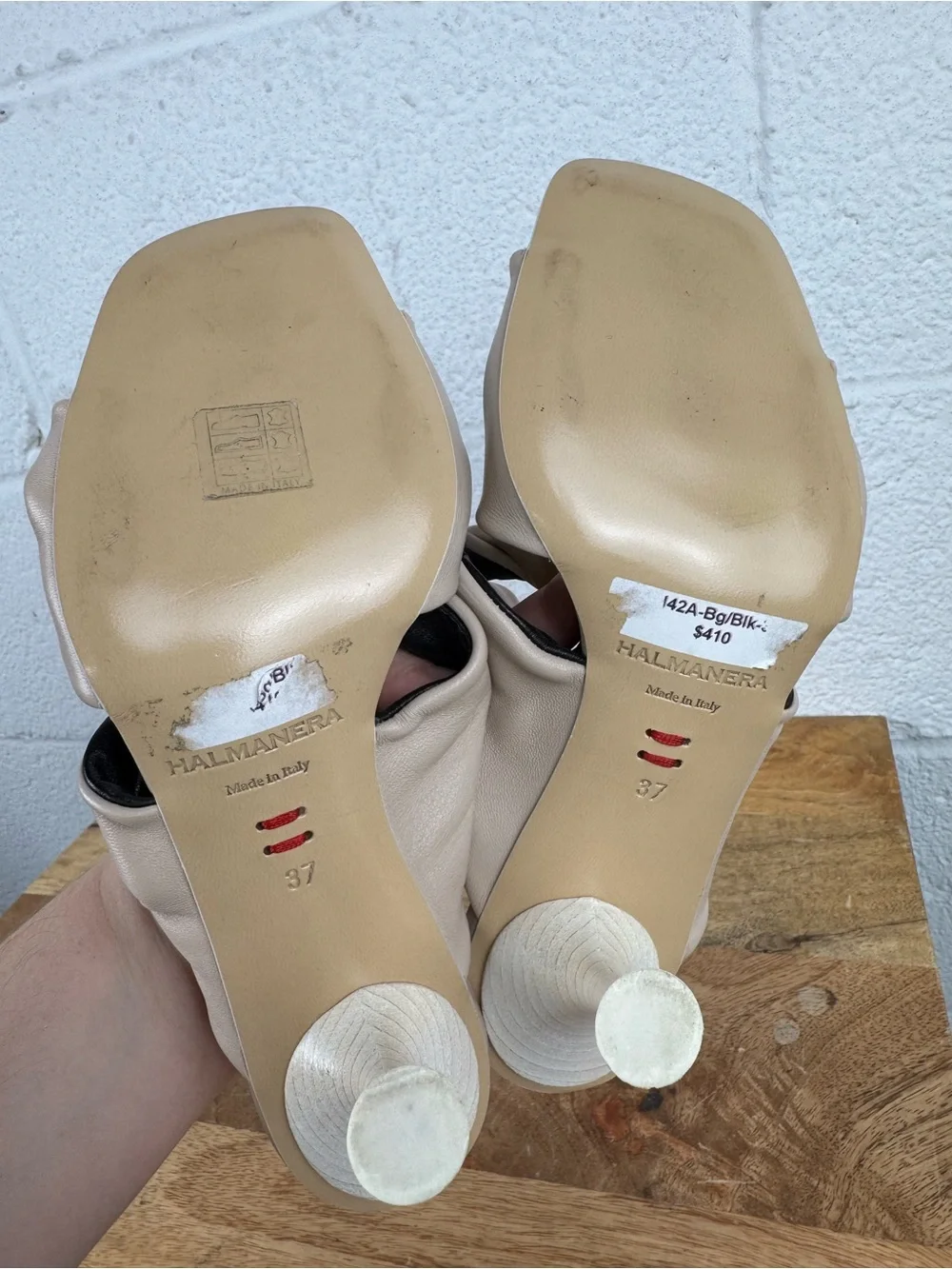 Halmanera Italy Leather Twist Knot Heeled Sandals Beige Black Size 37